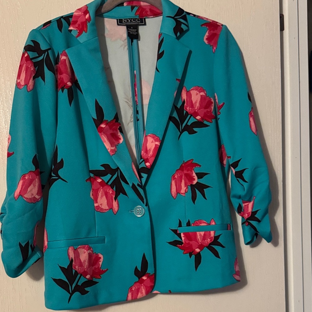 Elegant Teal Blazer with Pink Floral Pattern - Picture 4 of 4